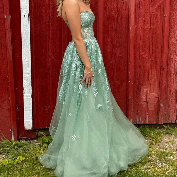 Elegant Mint Green Gown with Floral Embroidery - Picture 2 of 3